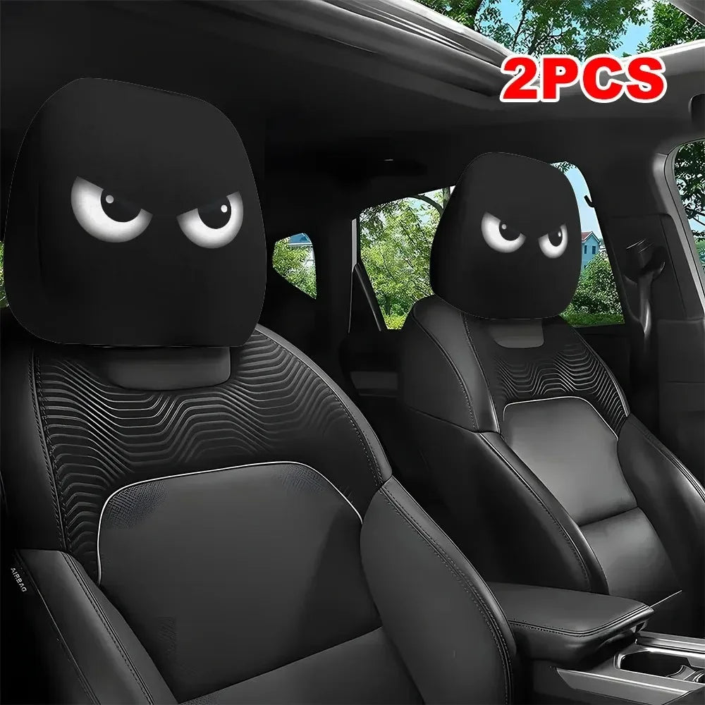 2PCS Funny Slanted Eyes Car Headrest Covers, Cartoon Face Elastic Protector for Halloween Christmas, Holiday Auto Decor