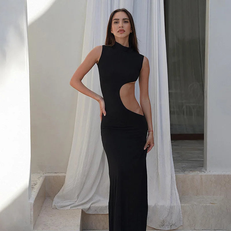 Cryptographic Sexy Cut Out Maxi Dress Outfits for Women Elegant Club Party Bodycon Sleeveless Tank Dresses Vestido Summer Chic