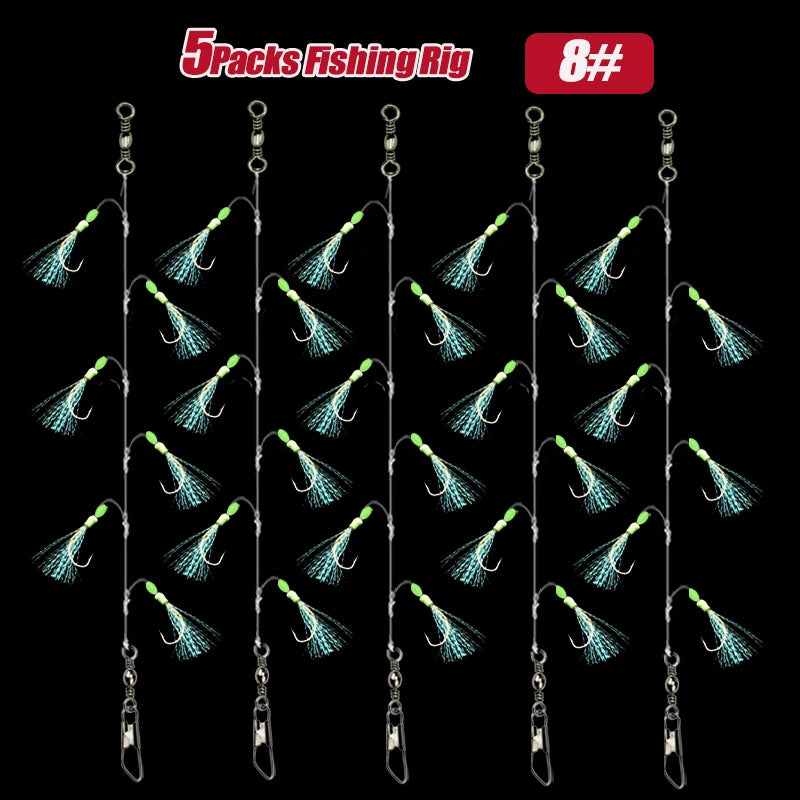 TAKBAS 1/5 Packs Sabiki Rigs, Fishing Bait Rigs, Luminous Sea Fishing Rig with High Carbon Fishing Hooks,for Fresh/Saltwater