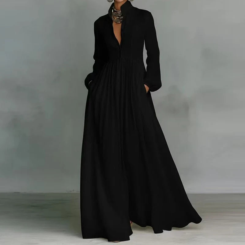 Elegant Stand Collar Long Sleeve Party Dress, Women 2026 New Spring Solid Casual Dresses, Single Breasted Ladies Pocket Dresses