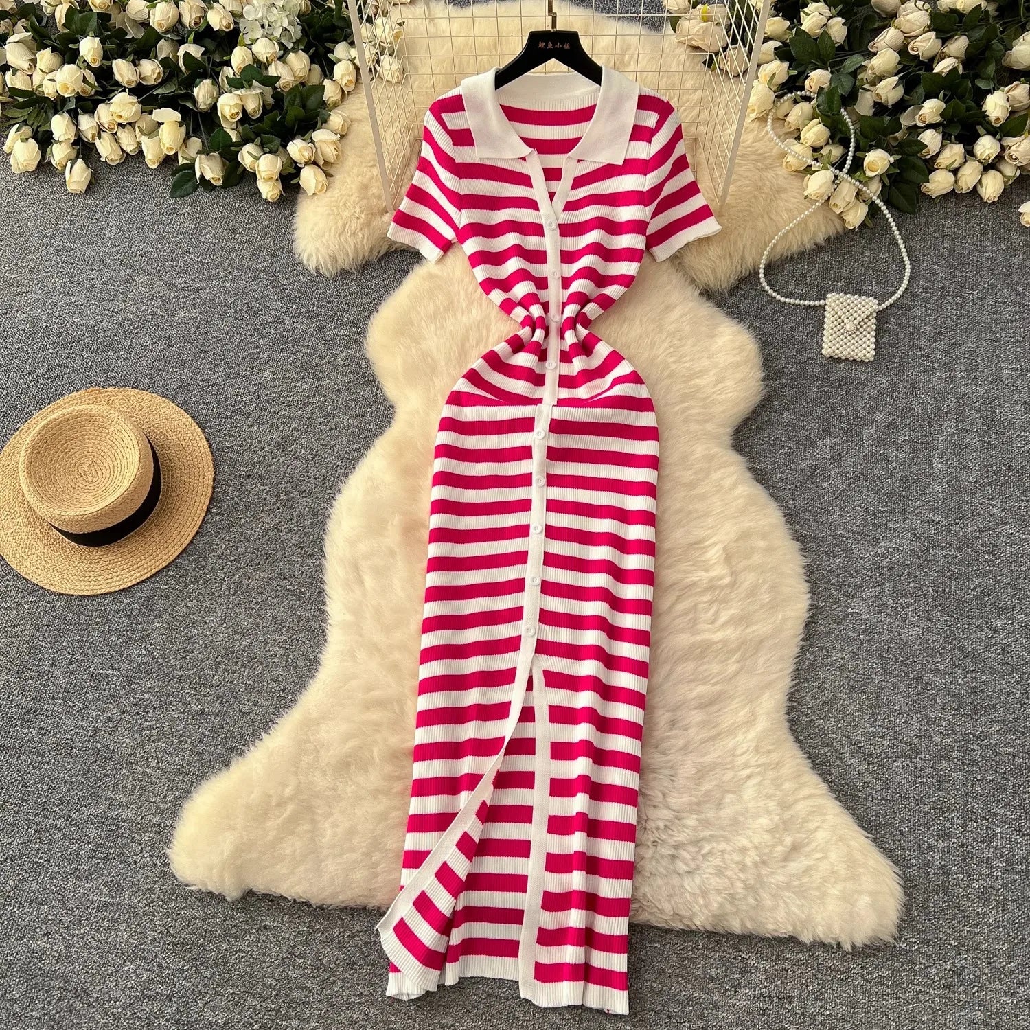 YuooMuoo Chic Fashion Sexy Wrap Hips Knitted Maxi Dress 2026 Summer Women Single-breasted Stripes Sweater Dress Streetwear Robes