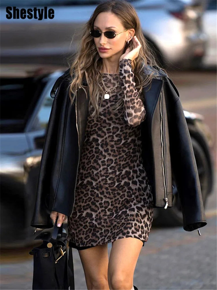 Shestyle Leopard Sexy A-Line Dress Women Two Piece Sets Mesh See Through Fashion Extremely Hot High Street Animal Print Stylish