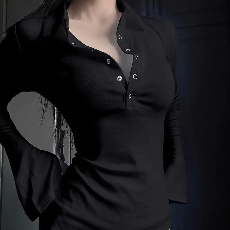 Women Korean Sexy Y2K Skinny Long Sleeve Polo Collar Button T-shirt 2024 Autumn Winter Fashion Solid Basic Tops Female Clothing