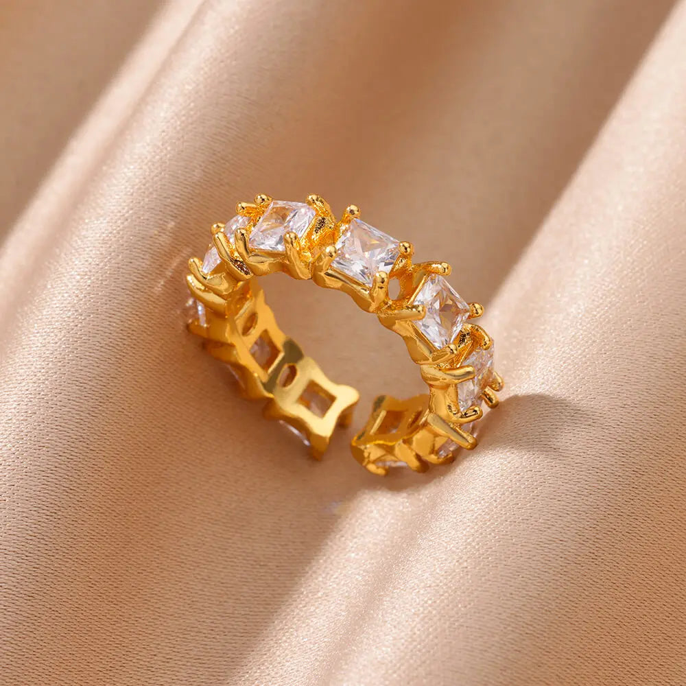 Colorful Cubic Zircon Ring for Women Stainless Steel Gold Color Open Ring Vintage Boho Wedding Party Jewelry Gift Accessories