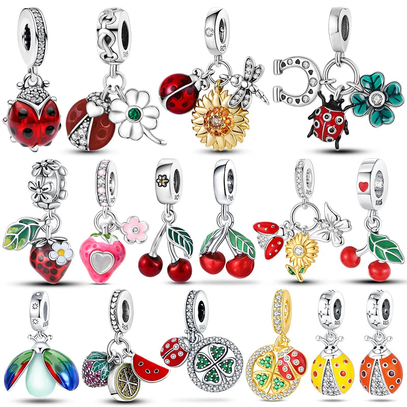 Charms Silver 925 Ladybugs and Cherry Strawberries Pendant Bead Fit 3mm Bracelet Bangle Necklace For Women Luxury Jewelry Making