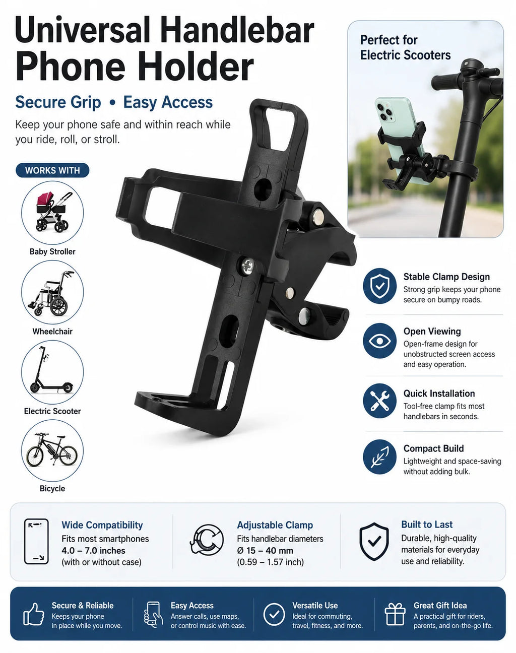 Universal Handlebar Phone Holder Adjustable Bike Scooter Stroller Wheelchair Mount Clamp Stand for 4.0-7.0 Inch Smartphones Uses