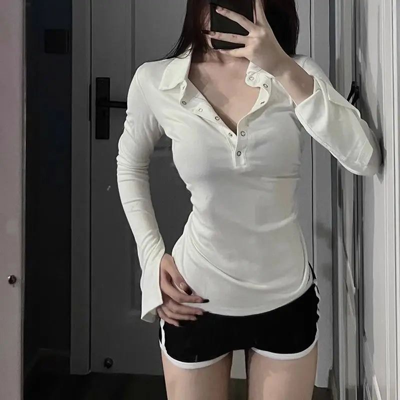 Women Korean Sexy Y2K Skinny Long Sleeve Polo Collar Button T-shirt 2024 Autumn Winter Fashion Solid Basic Tops Female Clothing