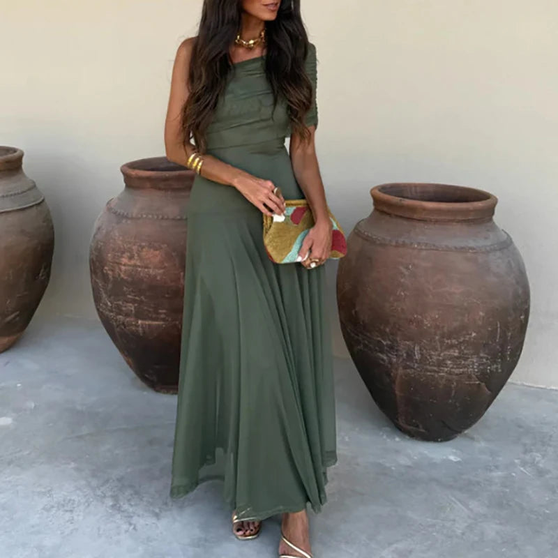 Vintage Solid Color Commuting Dress Fashion Women Off Shoulder Mesh Long Dress Sexy Hollow Out Summer Street Casual Party Dress