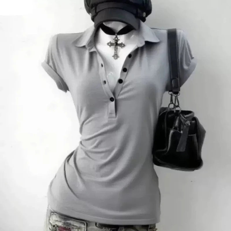 Graphic Harajuku POLO Collar Solid Short Sleeve Women's T-shirts 90s Clothes Vintage Women  Female Trashy Y2k 2000s Tops Gothic