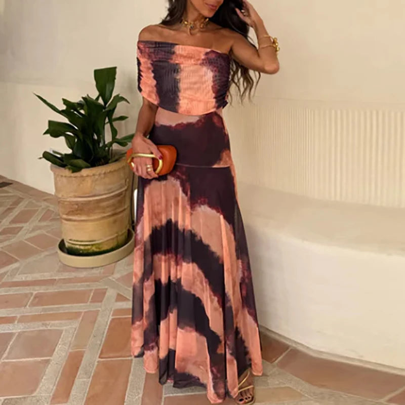 Vintage Solid Color Commuting Dress Fashion Women Off Shoulder Mesh Long Dress Sexy Hollow Out Summer Street Casual Party Dress