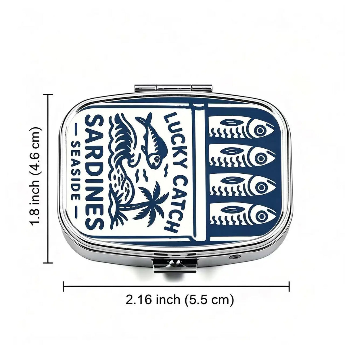 Lucky Catch Sardines Print Metal Pill Box, Portable 2-Compartment Travel Pill Organizer for Vitamins & Pills