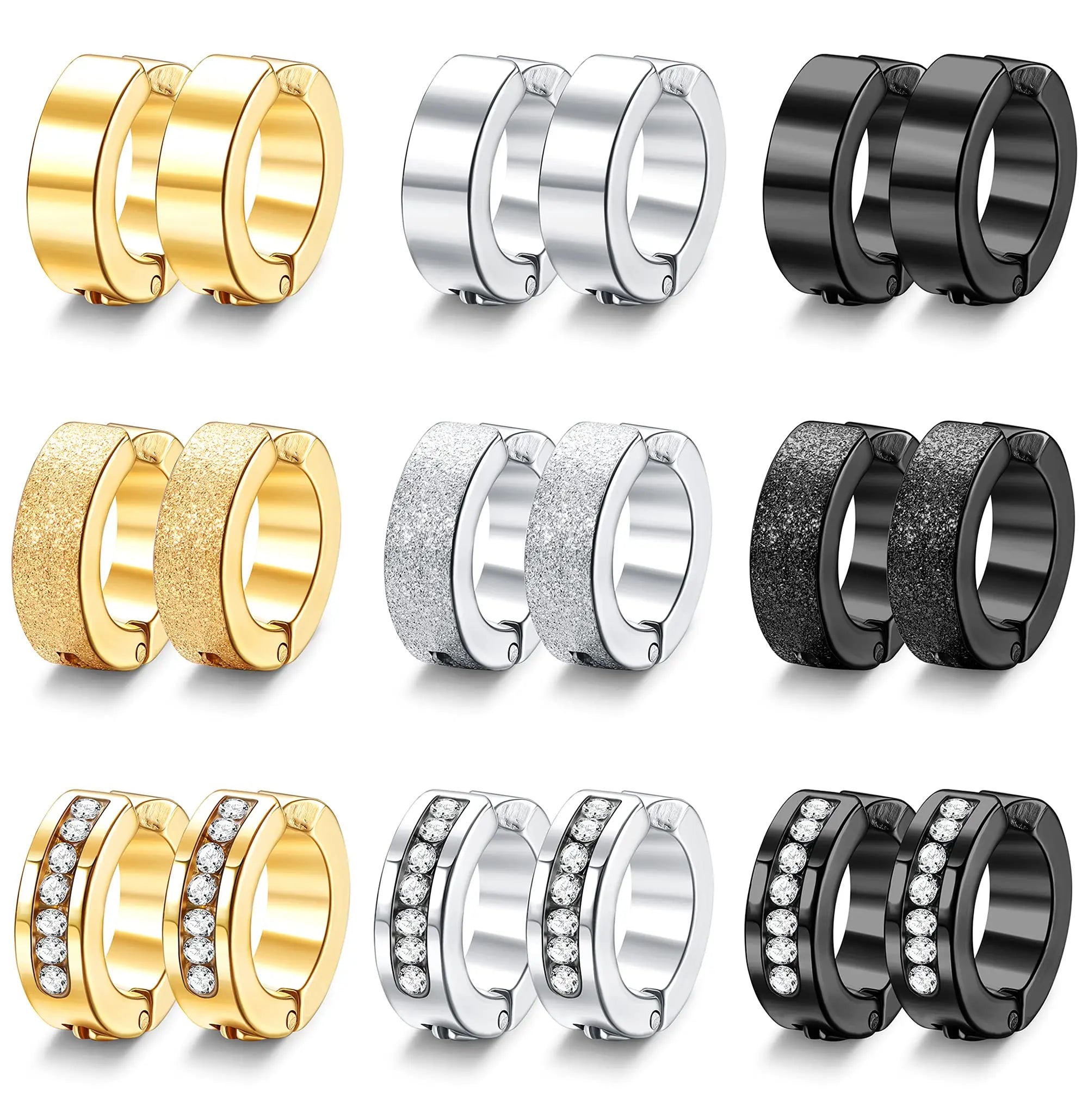 1 Pair/9 Pairs Non-Piercing Earrings Stainless Steel Clip On Hoop Earrings For Men Women Paved CZ Ear Clip Earrings Set