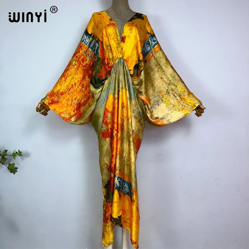 Sexy bech high-quality hand-rolled feel silk rayon fashion print 2021 WINYI Maxi women's robes long beach V-neck Bohemian dress