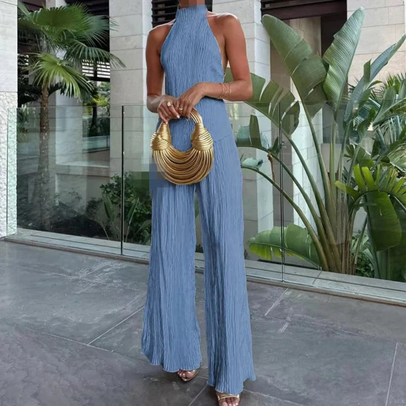 Summer New O Neck Solid Zipper Romper Vintage Commute Slim Long Jumpsuits Women's Spring High Waist Sleeveless Playsuit Overalls