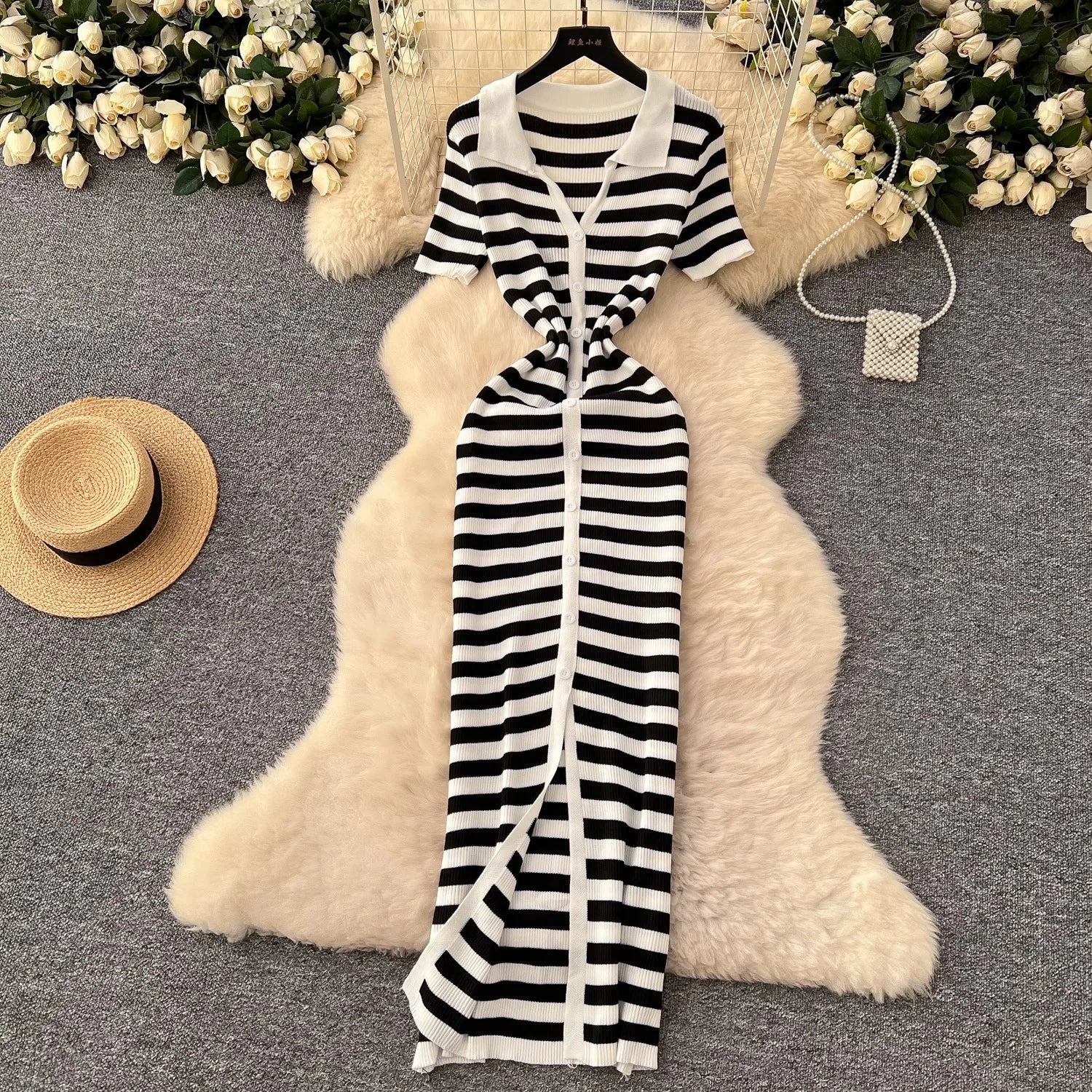 YuooMuoo Chic Fashion Sexy Wrap Hips Knitted Maxi Dress 2026 Summer Women Single-breasted Stripes Sweater Dress Streetwear Robes