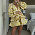Stylish And Elegant Flower Print Women's Mini Dress Chic V-neck Puff Long Sleeve Double Layer Ruffle Mini Dress 2024 Autumn New
