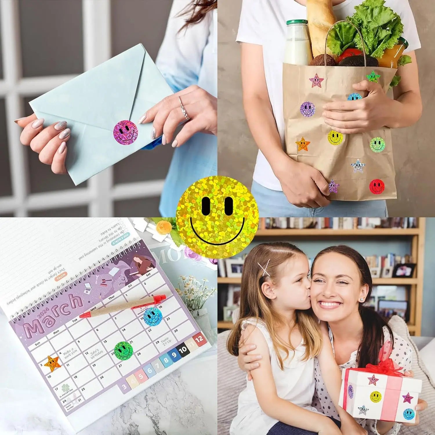 500 Pcs Smile Face Stickers Roll Laser Colorful Happy Face Sticker for Classroom Back to School Birthday Teacher Reward,1inch