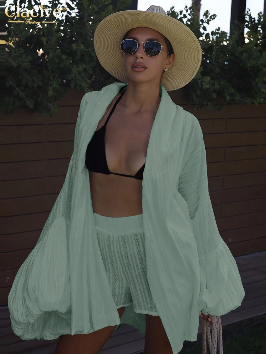 Clacive Fashion Loose White Cotton Sets For Women 2 Pieces 2025 Elegant Puff Sleeve Robes With High Waist Shorts Set Female