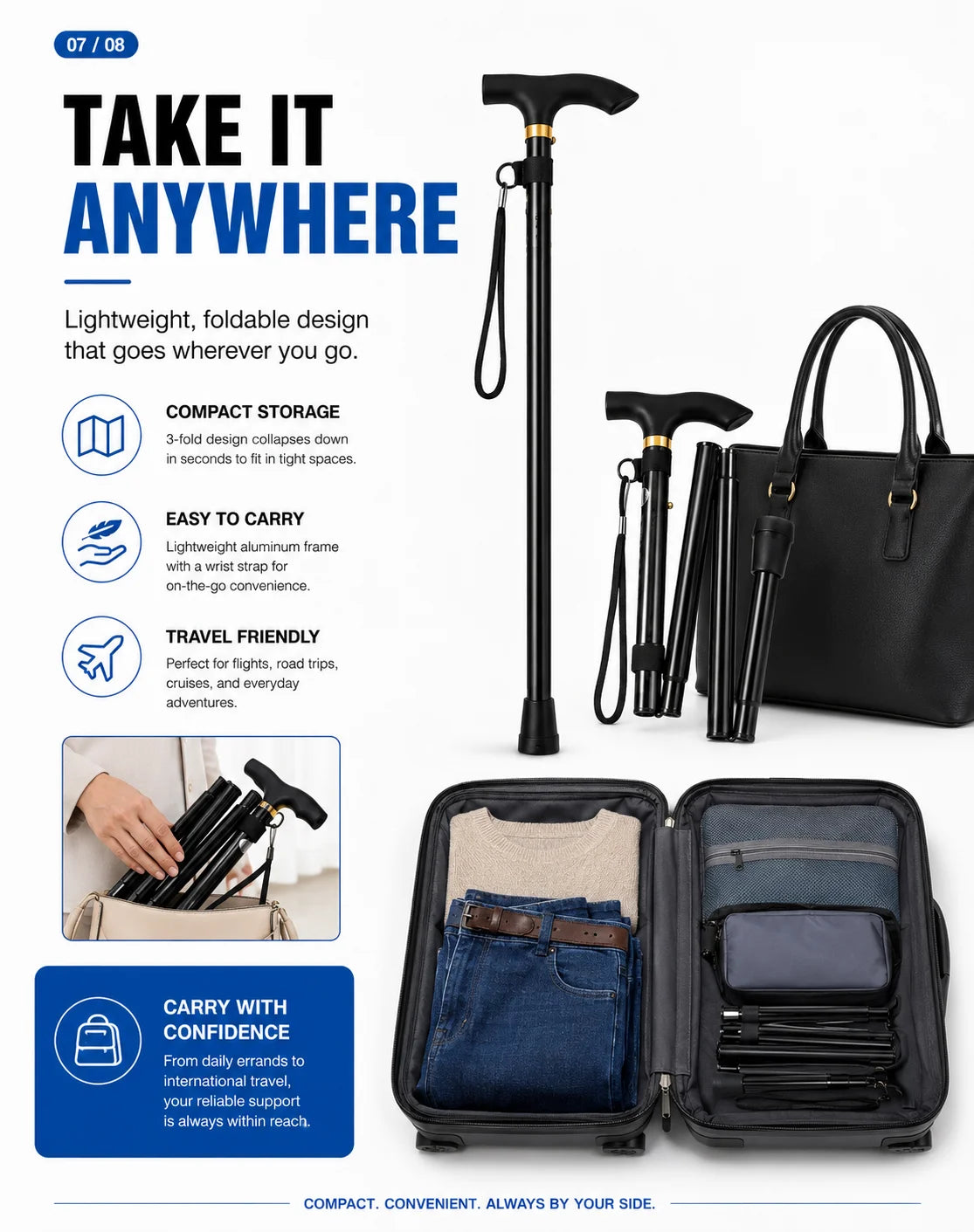 Foldable Walking Cane Adjustable Lightweight Aluminum Travel Cane T Handle Anti Slip Rubber Tip Portable Stick Senior Travel Aid