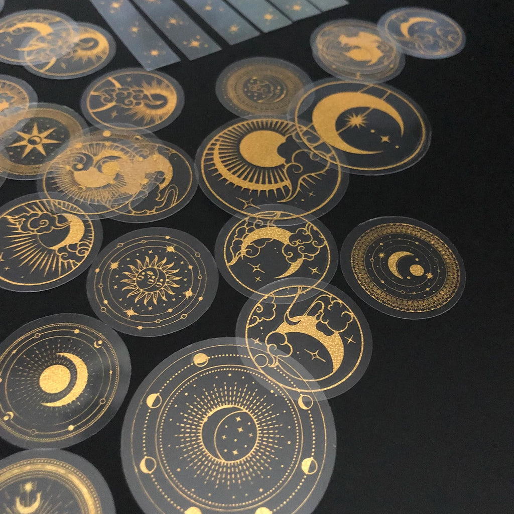 70 pcs Glitter Gold PET Adhesive Stickers Waterproof Transparent Label: SUN MOON Stars Etc