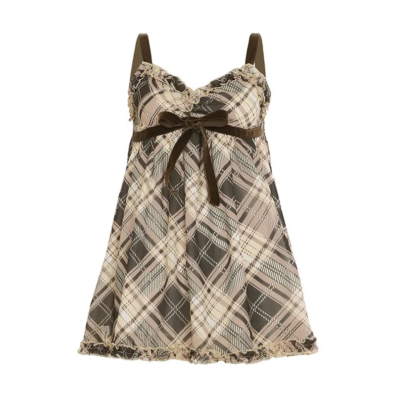 PixieKiki Brown Plaid Tank Tops for Women Gyaru Japanese 2000s Y2k Summer Bow Frill V Neck Backless Top Cute Clothing P84-EF20
