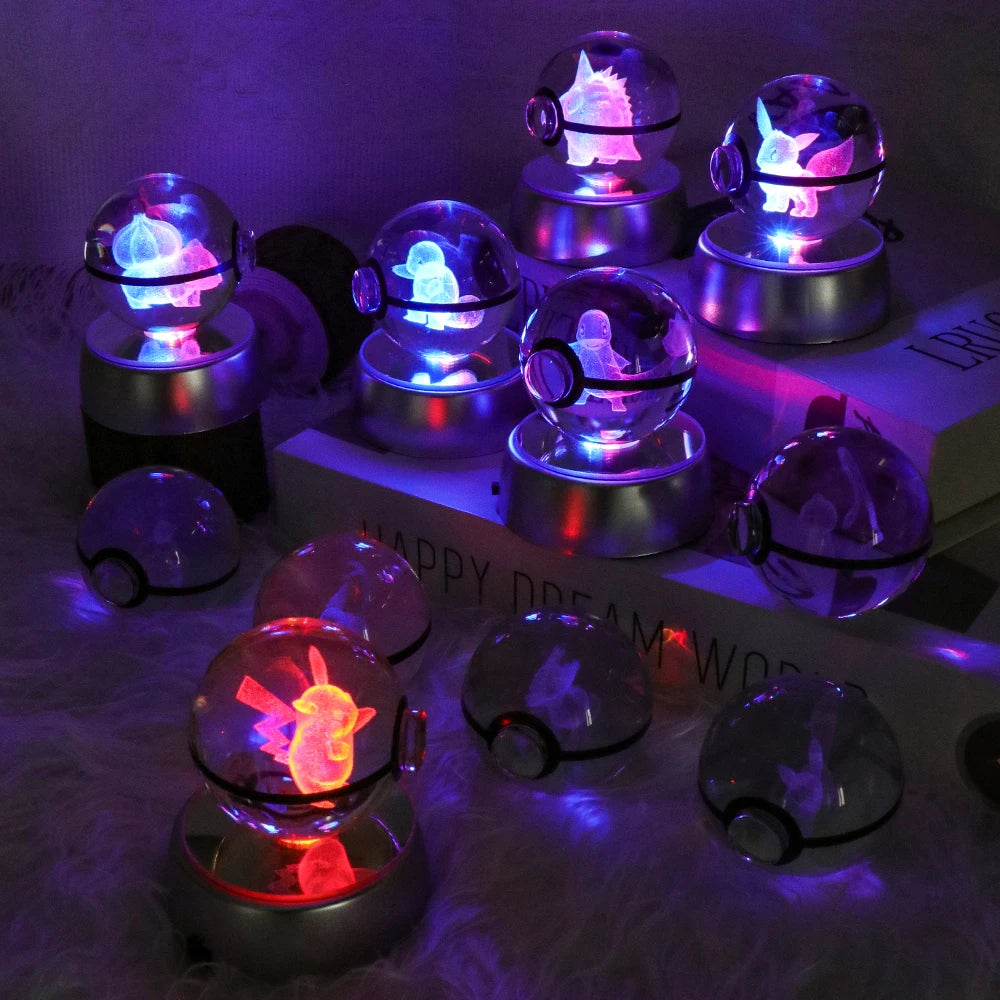 Pokemon 3D Crystal Ball Pikachu Figure Pokeball Engraving Crystal Charizard Model with Led Light Base Toys Anime Christmas Gift