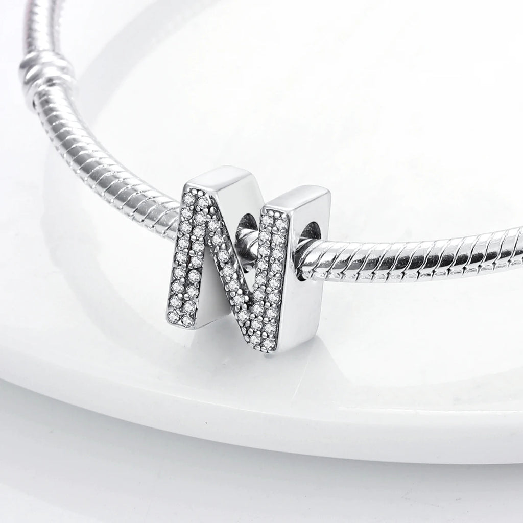 Original 925 Sterling Silver 26 Alphabet Letters Sparkling Zircon Charms Pendant Beads For Women Fine DIY Birthday Jewelry Gifts
