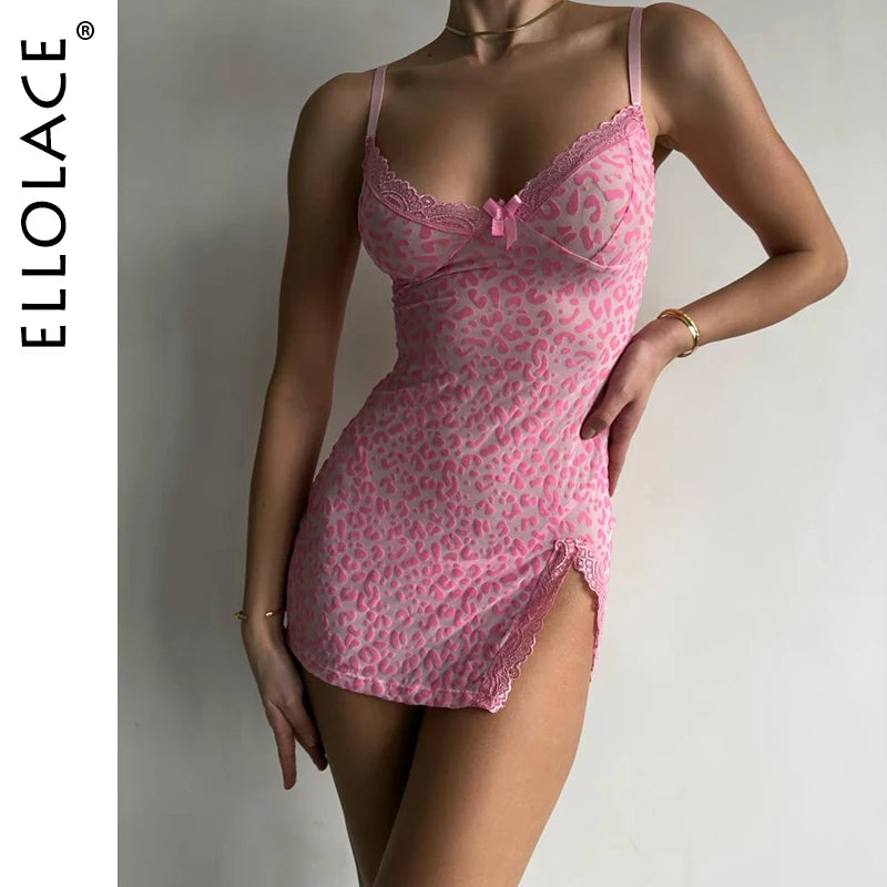 Ellolace Sensual Women's Dress Beautiful Deep-V Neck Lace Split Sets Sheer Leopard with Thongs Sleepwear Babydoll Party Mini Kit