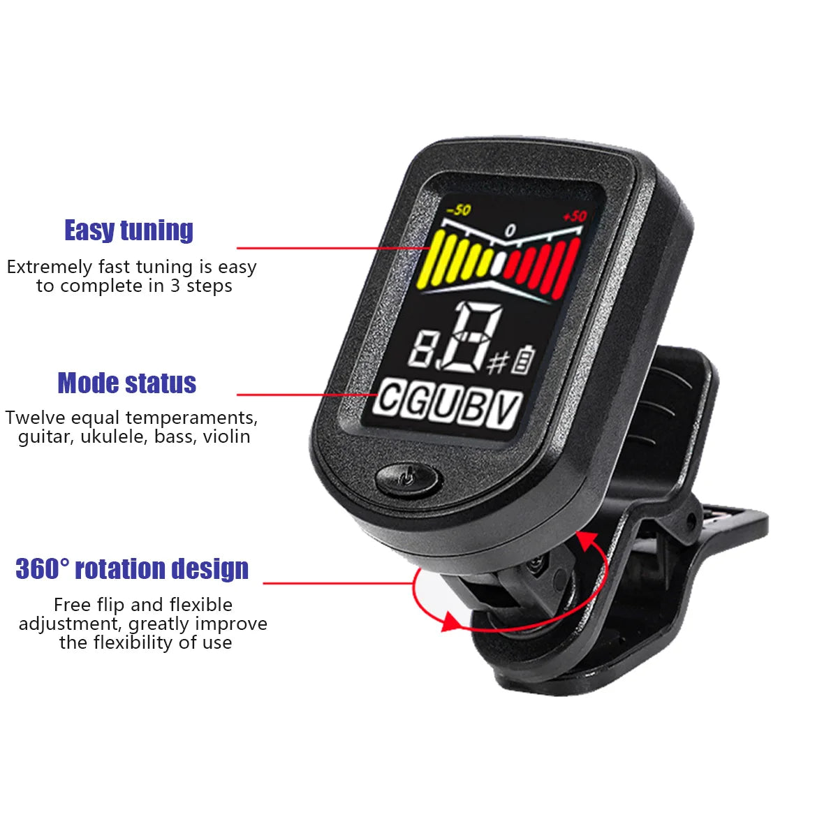Clip-On Guitar Tuner with Regular/Color Screen 360° Rotatable Chromatic Tuner for Guitar, Bass, Ukulele, Violin