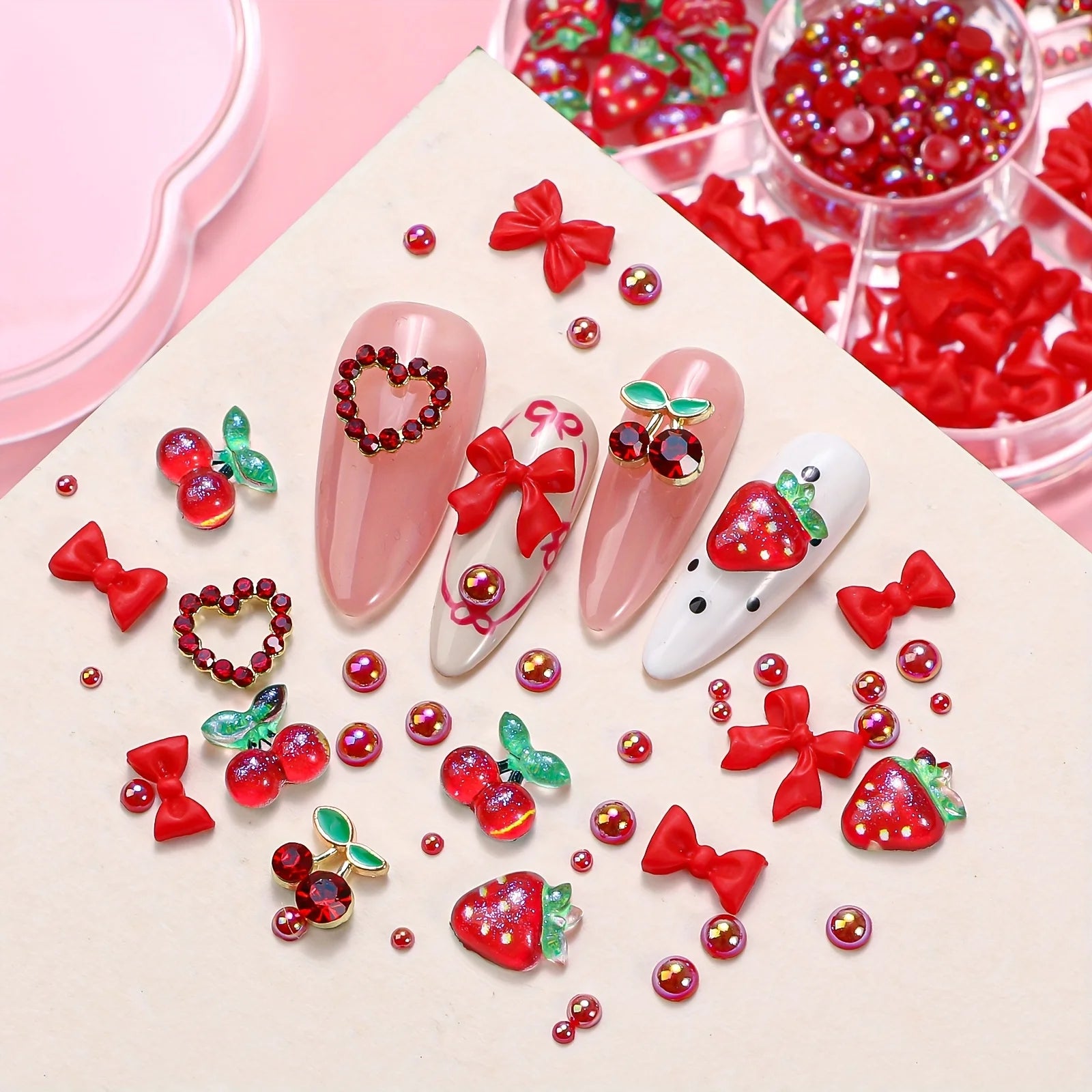 100PCS Random Mixed Strawberry Flowers Nail Charms Sweet Resin Flatback Moon Nail Art Decoration Accessories Manicure DIY