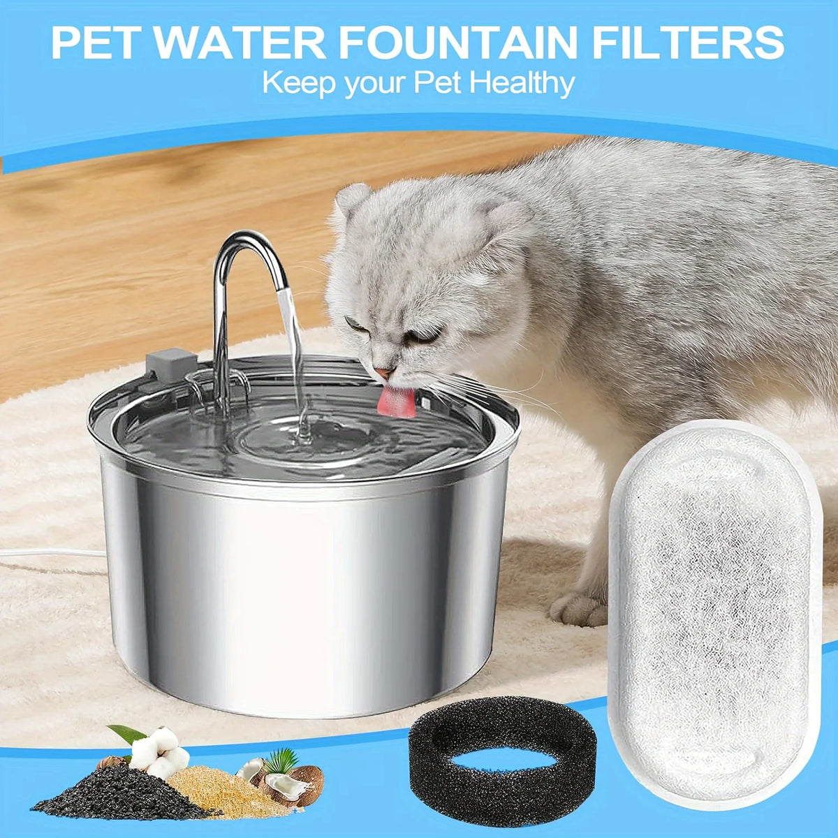 KEMORELA 12/15PCS Cat Water Fountain Activated Carbon Sponge Filters for Stainless Steel Water Dispenser Pet Care Accessory