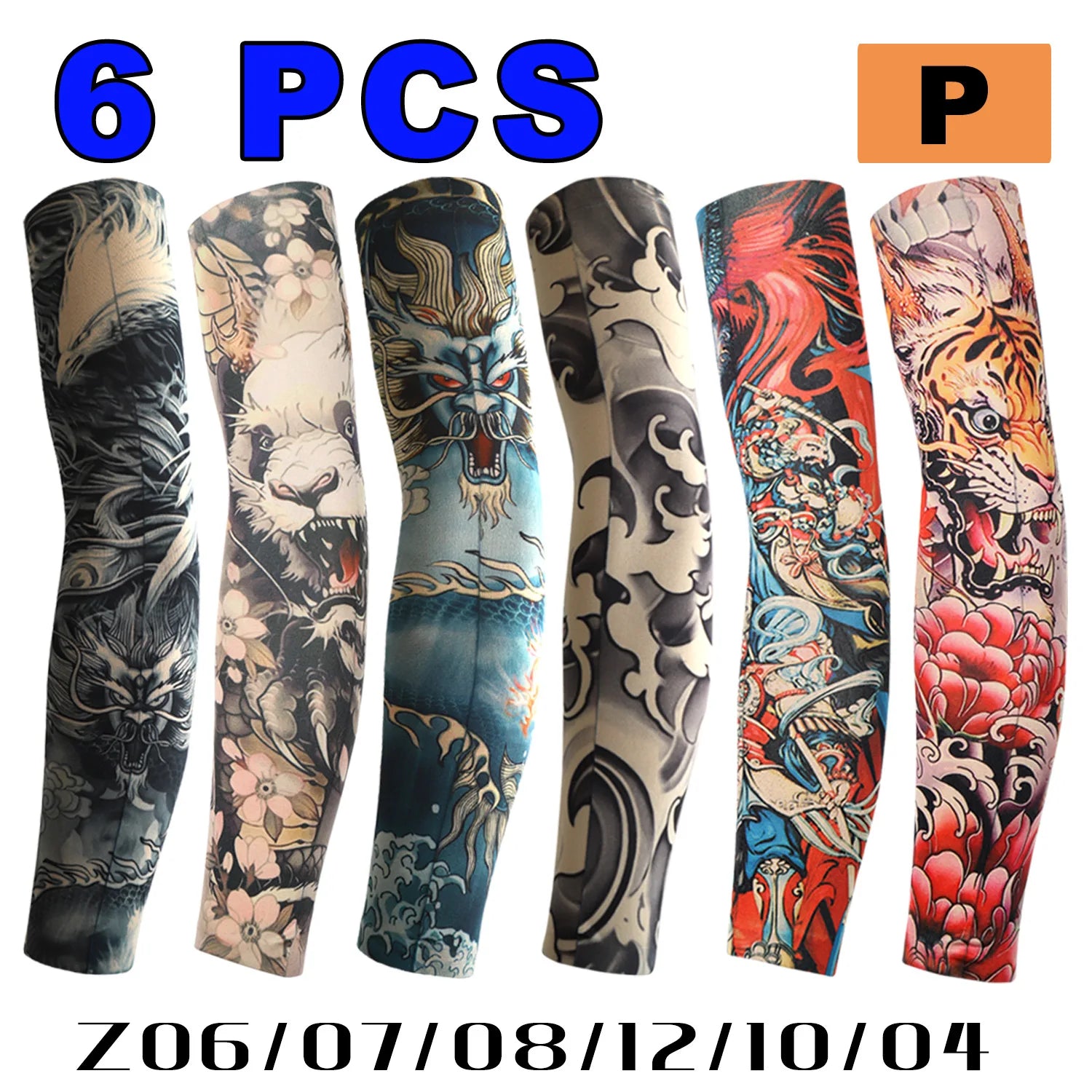 6 PCS Tattoo Sleeves Unisex Summer Cycling Sun Protection Arm Covers Beach Driving Fishing Breathable Nightclub Elastic Sleeves