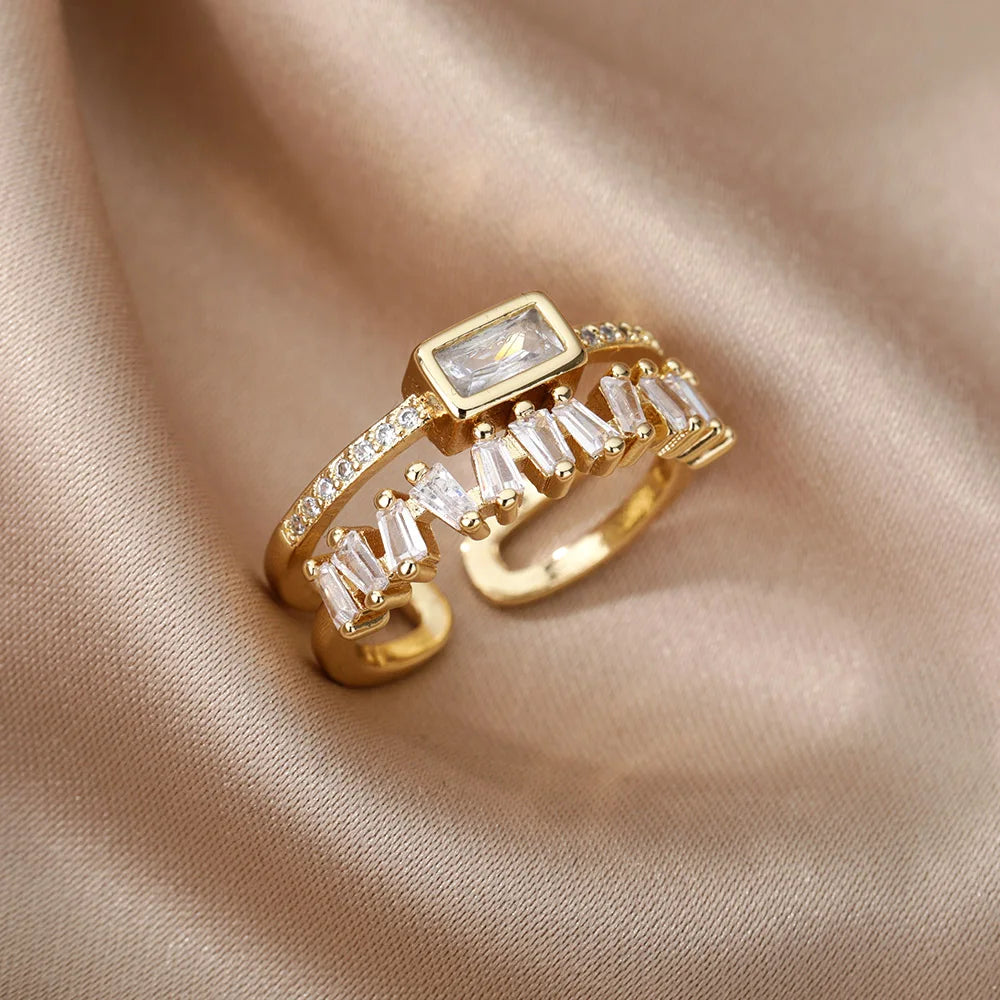 Colorful Cubic Zircon Ring for Women Stainless Steel Gold Color Open Ring Vintage Boho Wedding Party Jewelry Gift Accessories