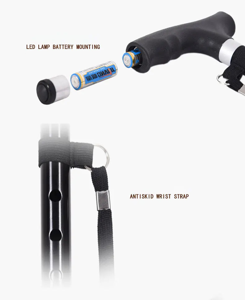 LED Light Non-Slip Elderly Walking Sticks Aluminum Alloy Cane Multifunctional Crutch with Large Footprint for Senior Men