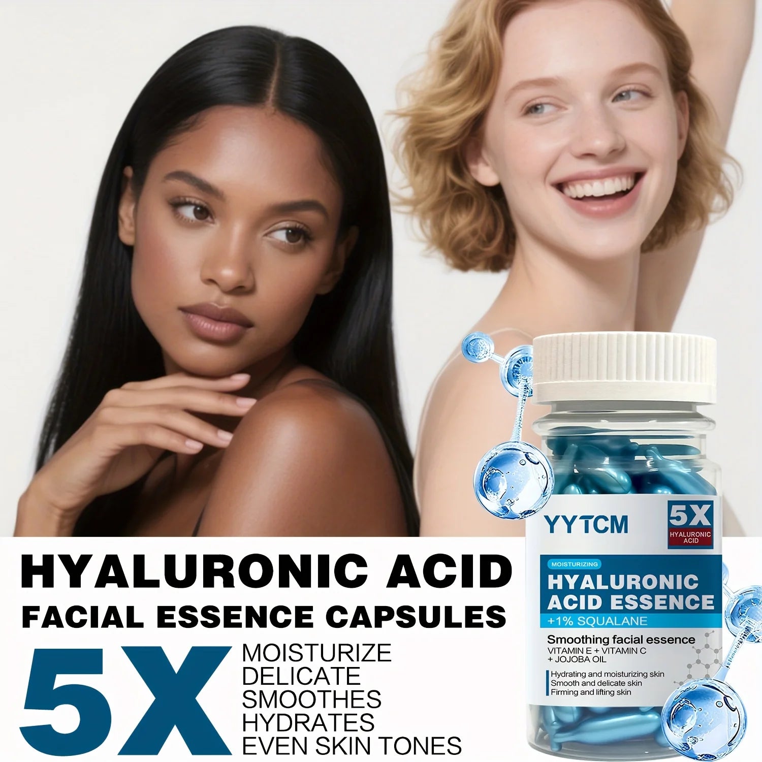Hyaluronic Acid Deep Moisturizing Capsule Essence, Hydrates and Smooths the Skin, Contains Plant-Derived Squalane, Vitamin E, Vitamin C, Deep Moisturizing and Skin-Brightening Essence (0.4Gx90 Capsules)/Bottle-1 Bottle