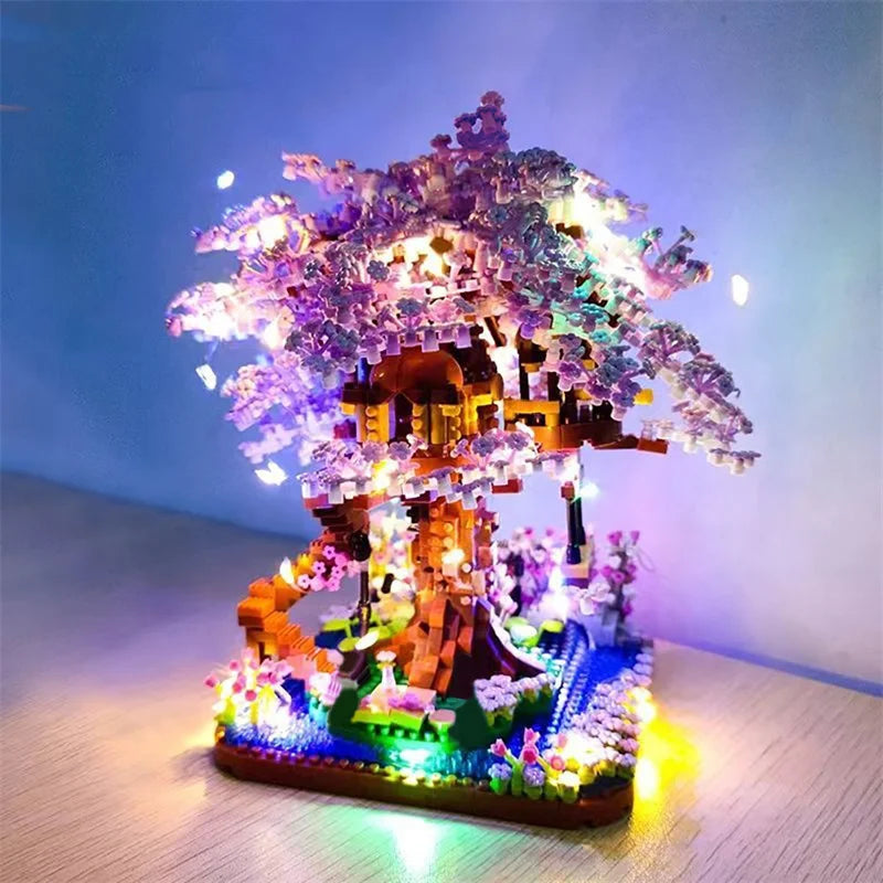 Cherry Bonsai Tree Building Blocks Set DIY Sakura Blossom Plants Bricks with Light Treehouse Model Romantic Gift for Girlfriend
