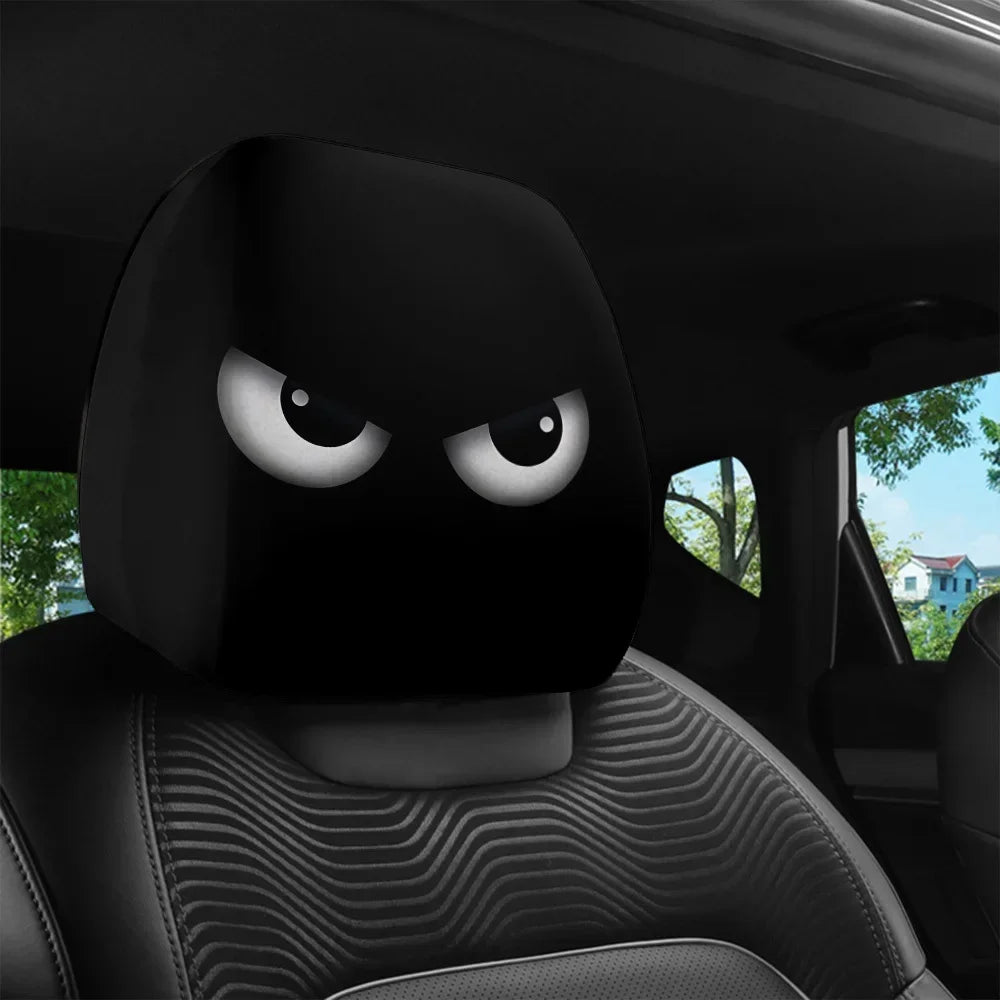2PCS Funny Slanted Eyes Car Headrest Covers, Cartoon Face Elastic Protector for Halloween Christmas, Holiday Auto Decor