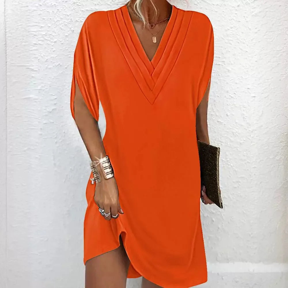 Women Elegant Multi-layered V Neck Pullover Dresses Summer Batwing Half Sleeve Dress New Female Solid Color Commuter Casual Gown