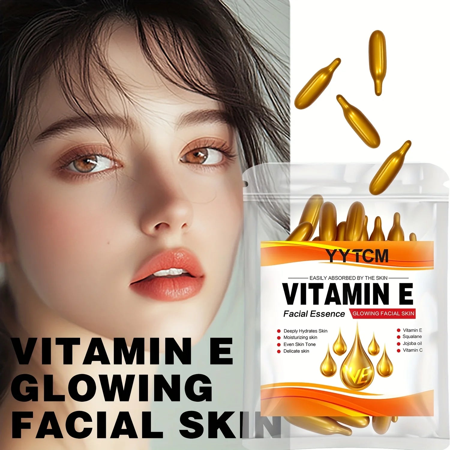 Vitamin E Deep Moisturizing Capsule Essence, Hydrates and Smooths Skin, Contains Plant-Based Squalane, Vitamin C, Deep Hydration and Brightening Skin Essence (0.4Gx30 Capsules)/Bag-1 Bag