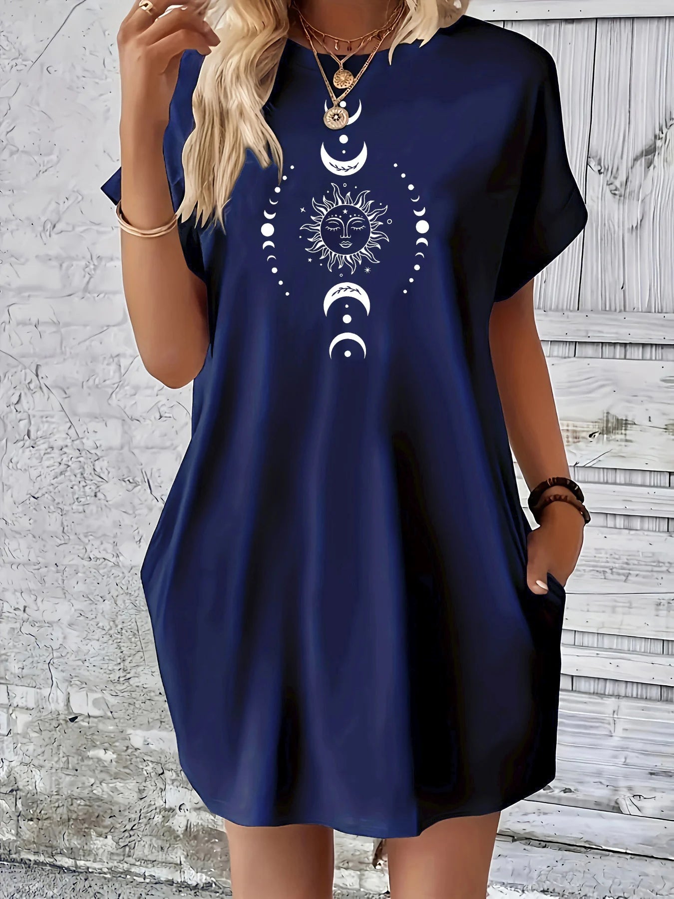 Ladies' summer loose sun moon planet pattern printed round neck short sleeved pocket comfortable casual plus size dress