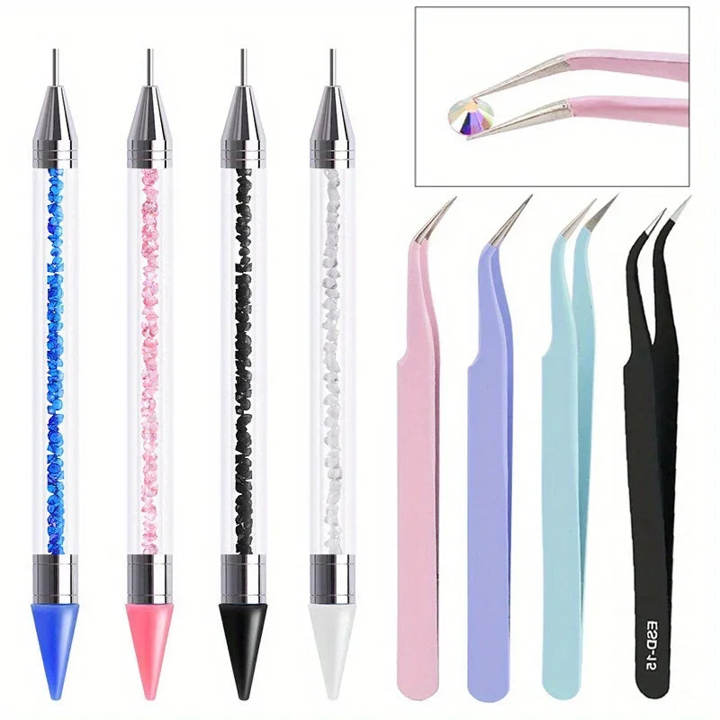 2Pcs set of manicure double-ended diamond pens with crayons stainless steel tweezers nail art grafting eyelashes manicure tools