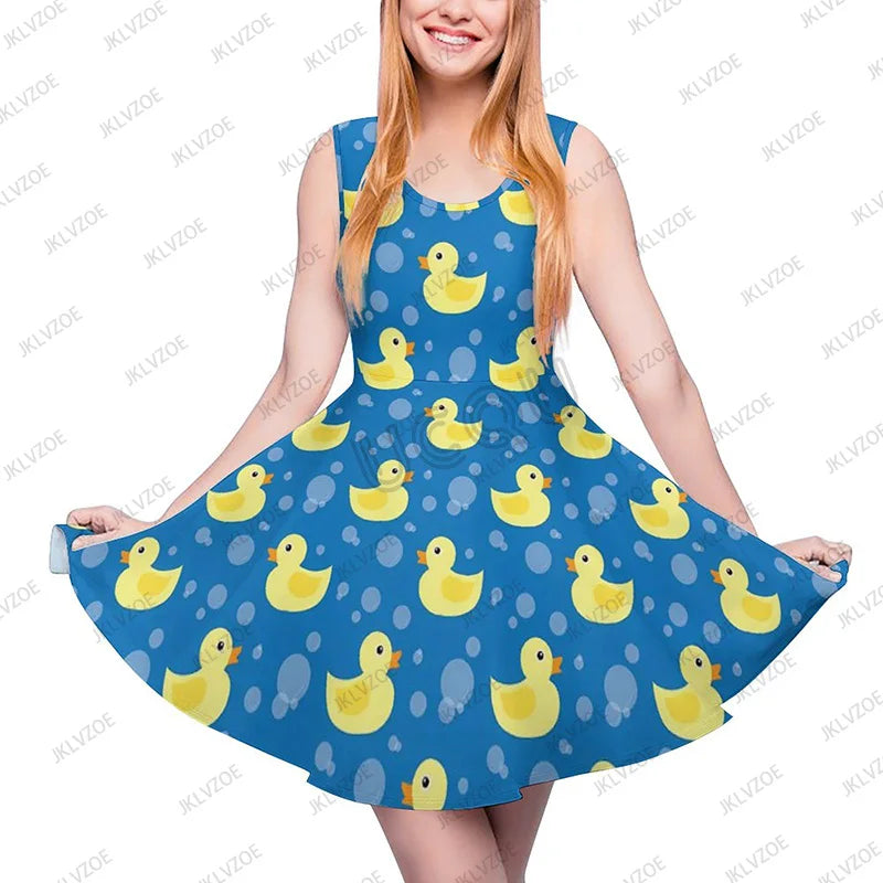 Summer New Fashion Yellow Classic Ducks Graphic Women Sleeveless Dress Kawaii Animal Aesthetic Dresses Female Kawaii Dress