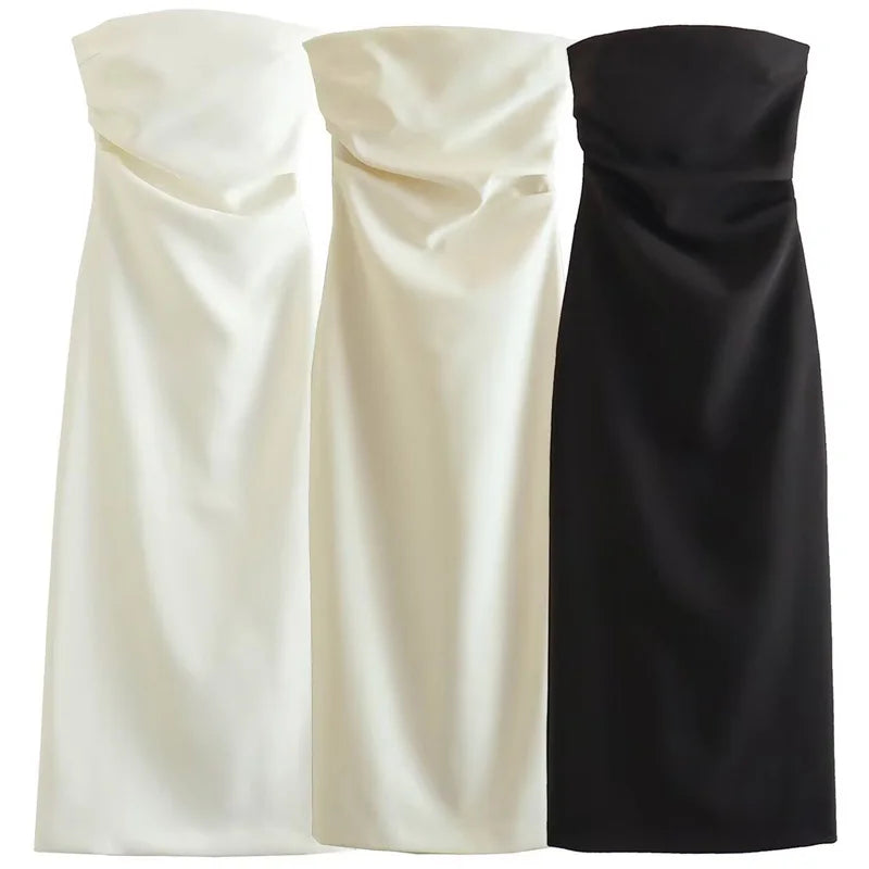 HXAO 2025 Womens Strapless Dresses Summer Off White Black White Dress Midi Ruffled Off Shoulder Backless Dress Prom Vestidos 066