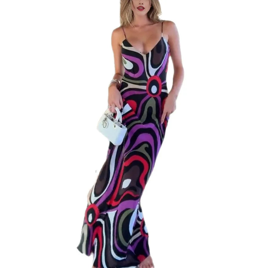 Women's Spaghetti Strap Dress Irregular Color Print Sexy V-neck Backless Slim Slit Long Dresses Summer Party Commuting Vestidos