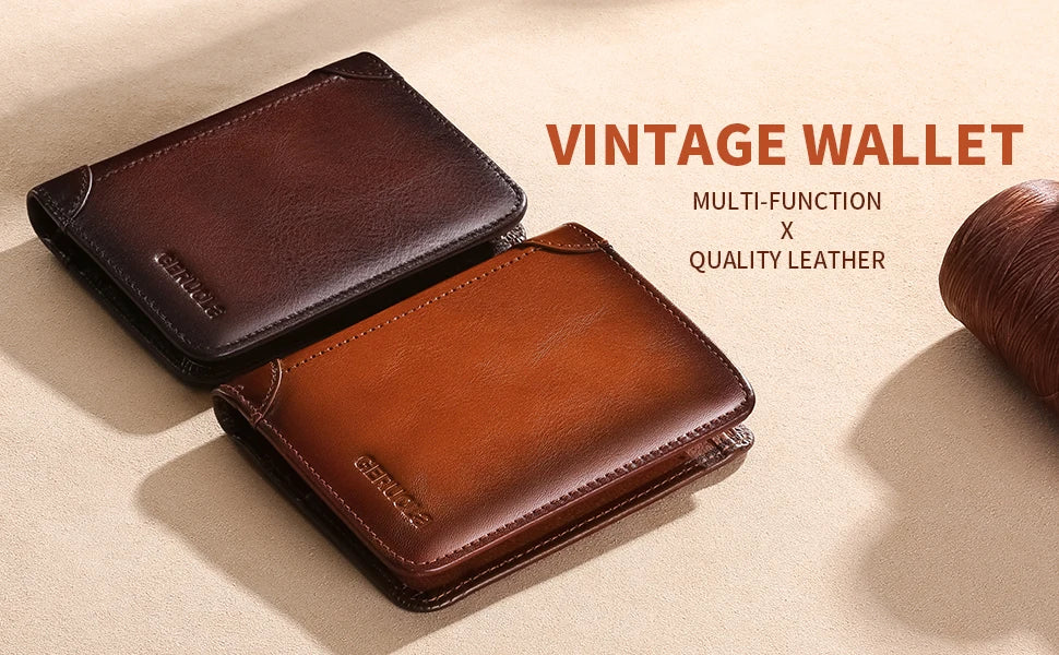 GERUOLA Slim RFID Shielded Genuine Leather Wallet for Men-Multifunctional ID & Credit Card Holder Dark Brown with Embellishments