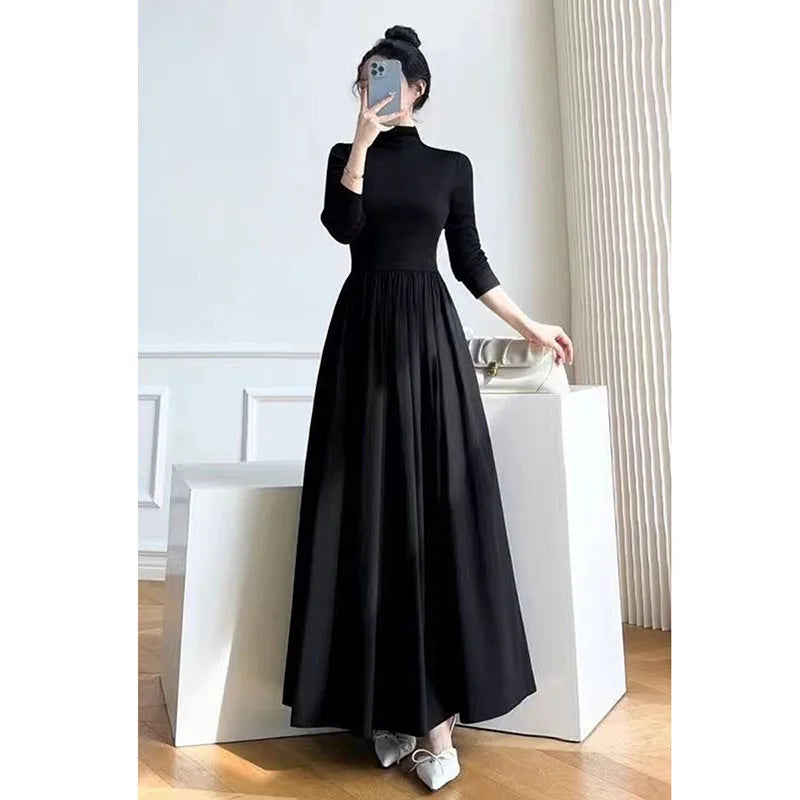 Lucyever French Style Black A-Line Dresses Women Elegant High Waist Long Sleeve Midi Dress Autumn Winter Slim Fit Maxi Dress
