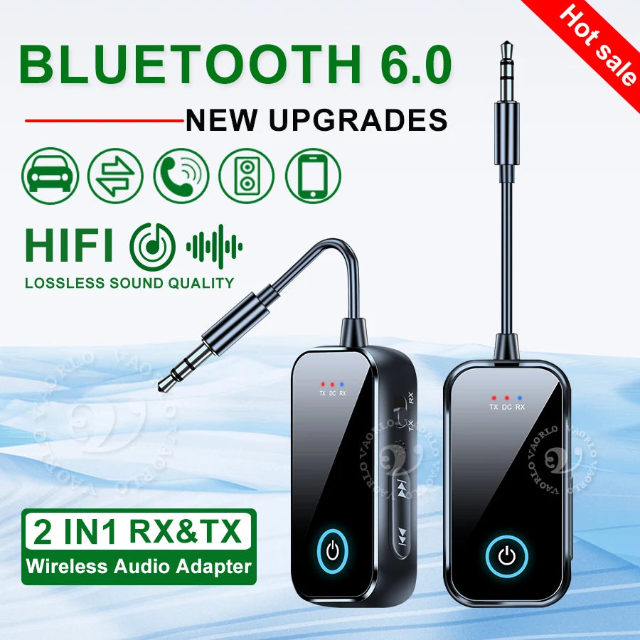 Bluetooth 6.0 Car Audio Receiver Transmitter 3.5mm AUX Hi-Fi Stereo Music Airplane Wireless Audio Adapter with HD Mic for PC TV