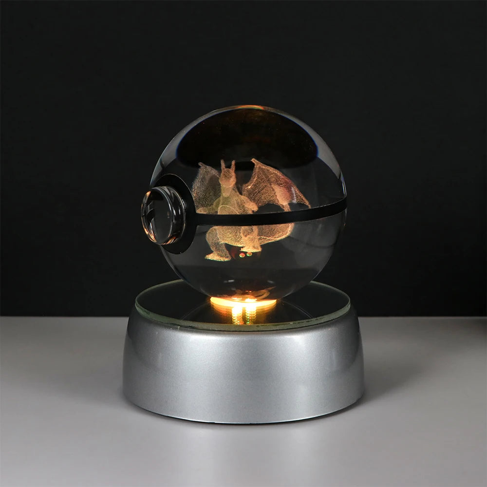 Pokemon 3D Crystal Ball Pikachu Figure Pokeball Engraving Crystal Charizard Model with Led Light Base Toys Anime Christmas Gift