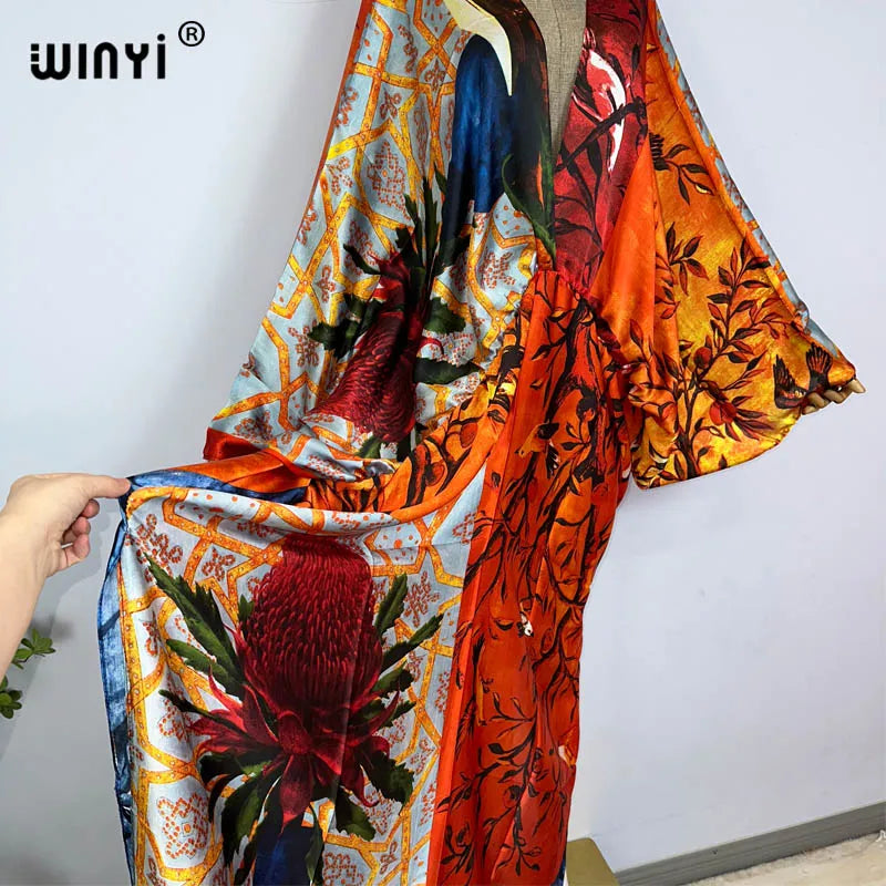 Sexy bech high-quality hand-rolled feel silk rayon fashion print 2021 WINYI Maxi women's robes long beach V-neck Bohemian dress
