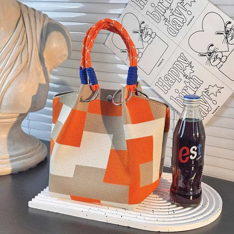 Color Block Handbag Lightweight Metal Ring Handbag Knit Tote Bag Spacious Polyester Storage Bag For Shopping Casual Travel